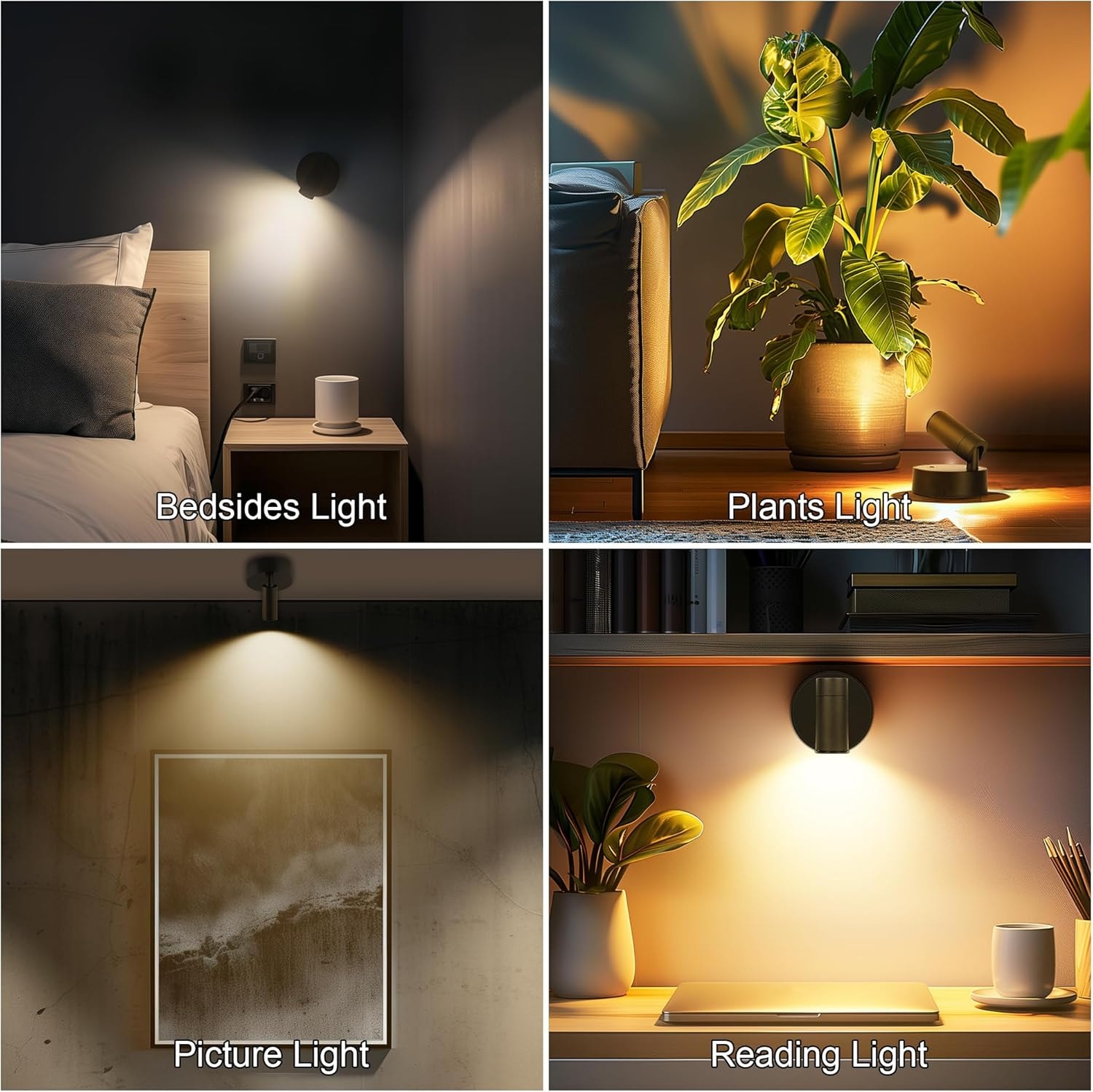 The spotlight lighting a bedside, a plant, a framed picture and a desk