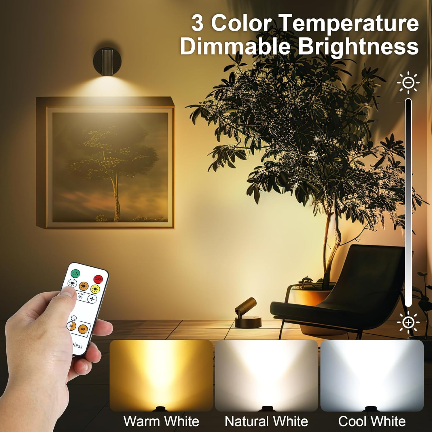 The beam at warm white, natural white and cool white, with the remote in hand