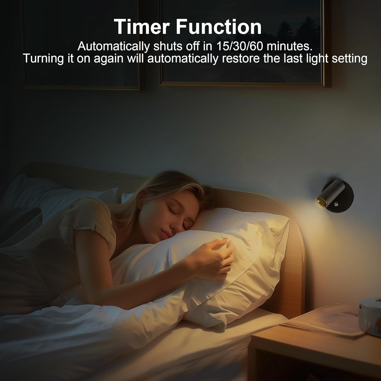 The spotlight mounted beside a bed, with its timer set