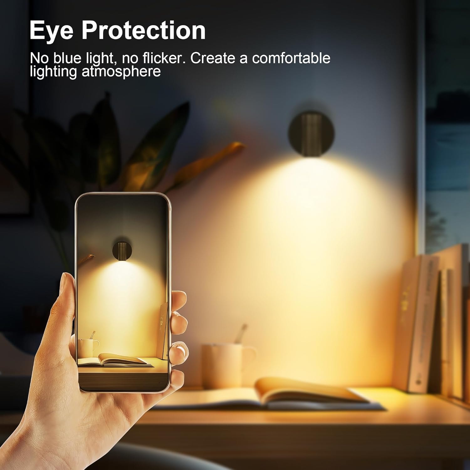 The spotlight over a desk, photographed through a phone screen