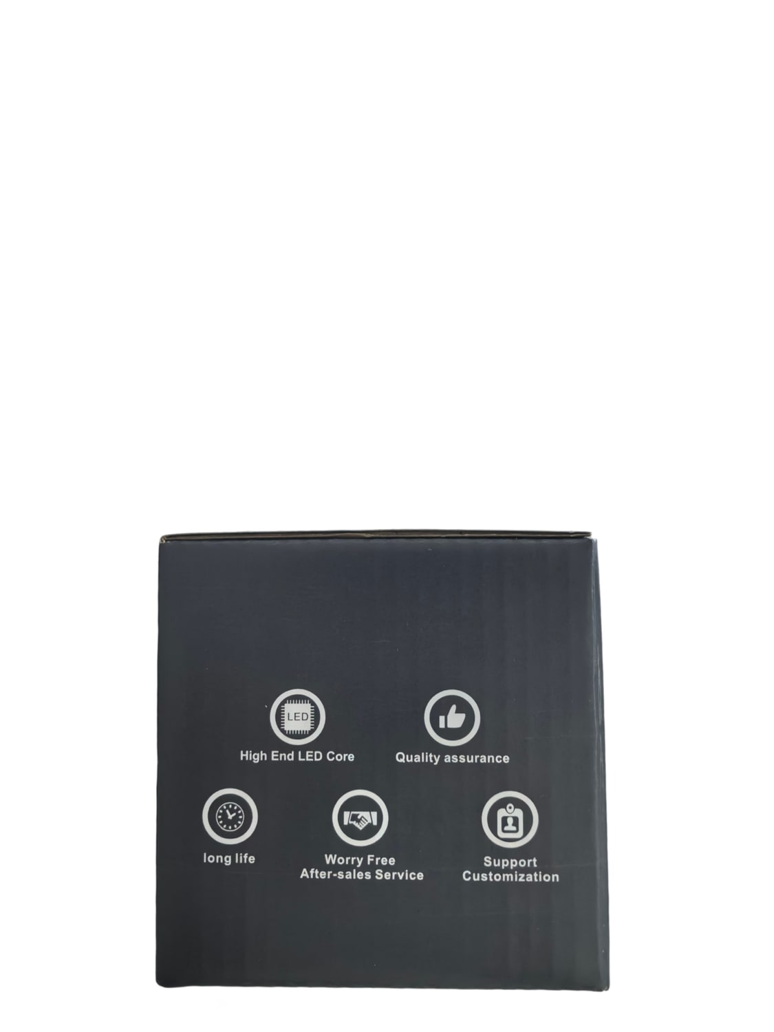 The back of the packaging, listing the LED core, quality assurance, after-sales service and customisation