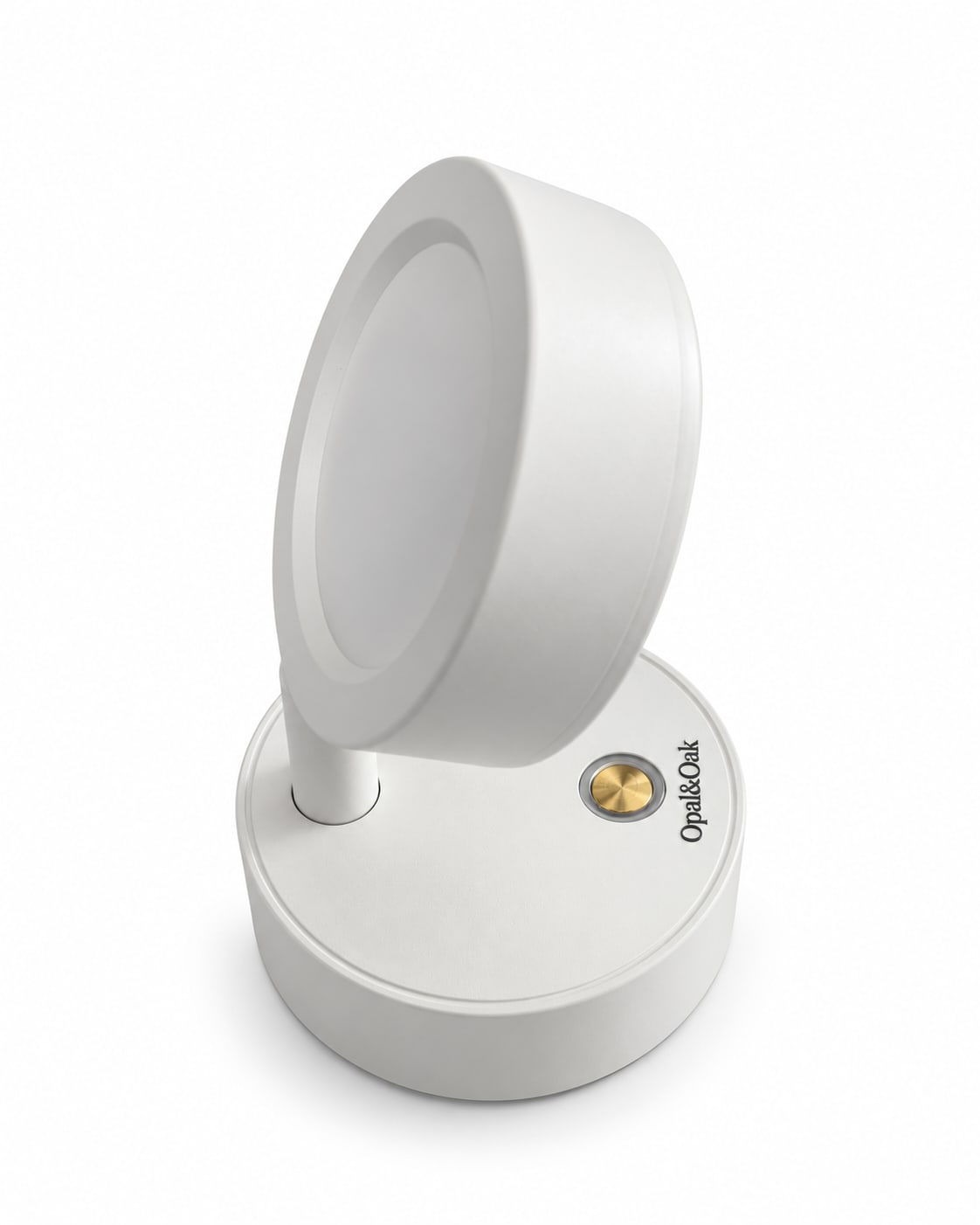 The white spotlight from the same angle, turned so the back of its head faces the camera, with the brass switch and brand name on the base in view