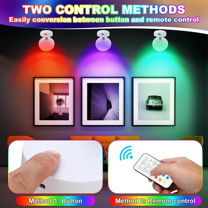 The spotlight lit in red, violet and green, with its button control and remote control