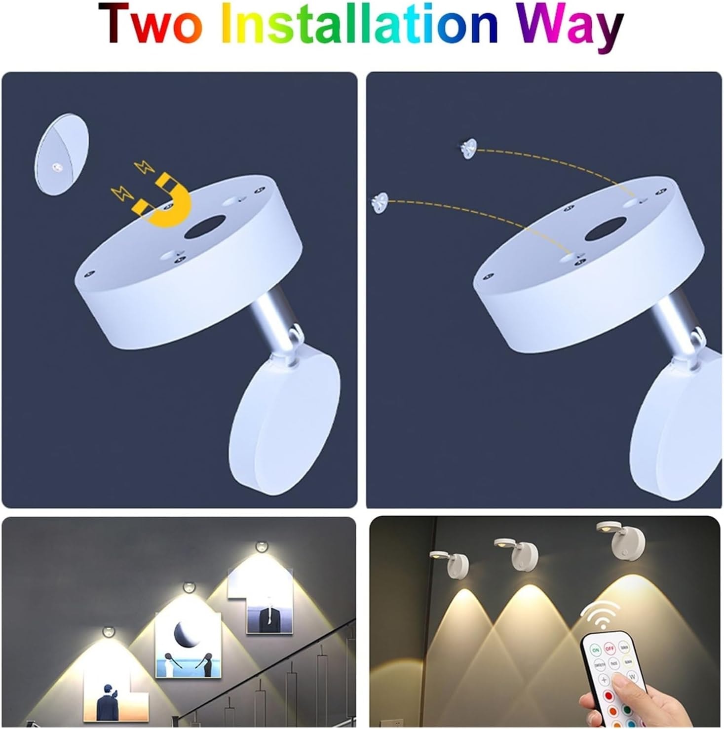 The two ways the spotlight is fitted — magnetic tape, or screws